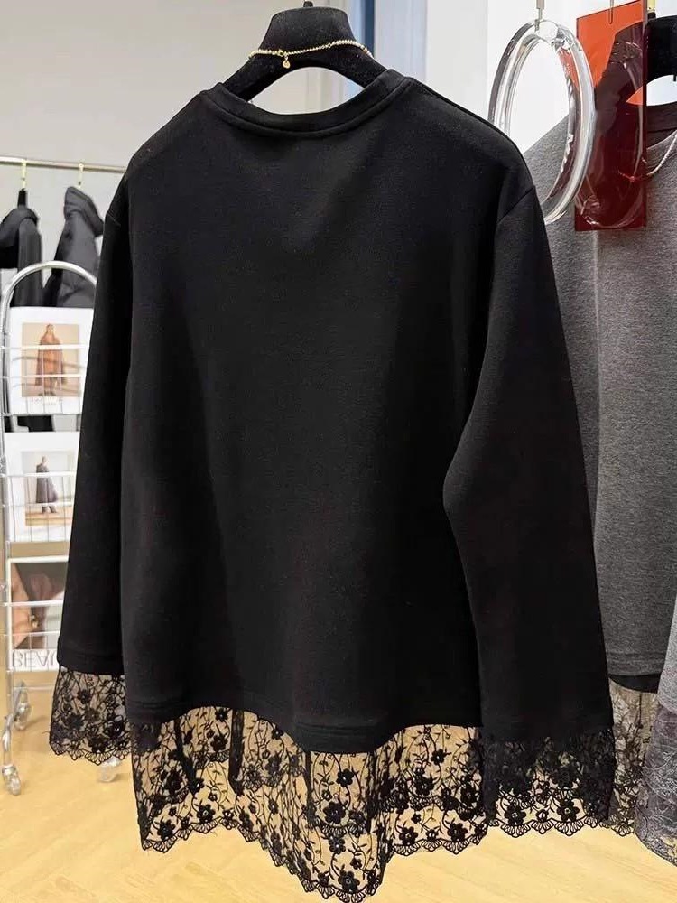 Longline Tee Oversized - Women Lace Patchwork Long Sleeve T-shirt