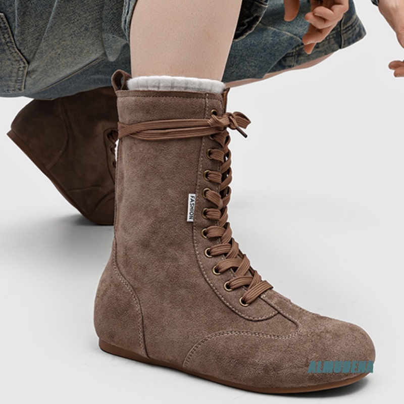 Street Fashion Winter 2026 - Men's Suede Mid-Calf Lace-Up Boots Round