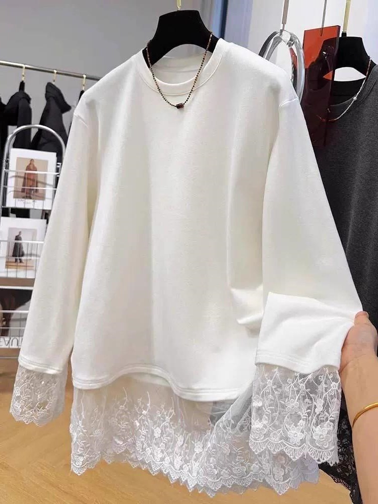 Women Lace Patchwork Long Slee - Longline Tee Oversized review and price