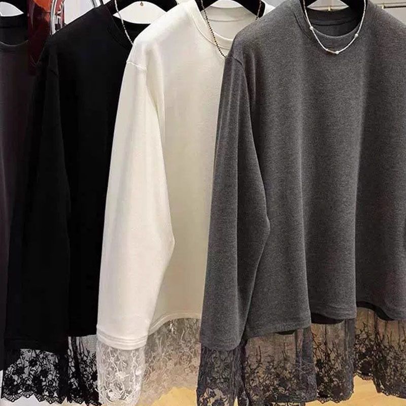 Women Lace Patchwork Long Slee - Longline Tee Oversized review and price