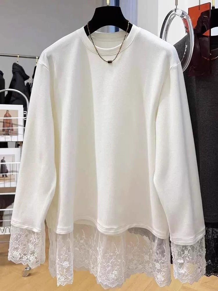 Women Lace Patchwork Long Slee - Longline Tee Oversized review and price
