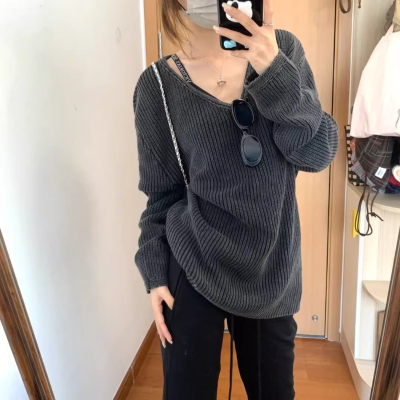 V-neck Washed Solid Color Casu - Street Fashion Winter 2025 review and price