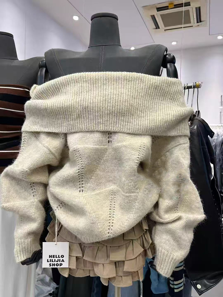 Fashion Slash Neck Knit Sweate - Korean Street Fashion Female review and price